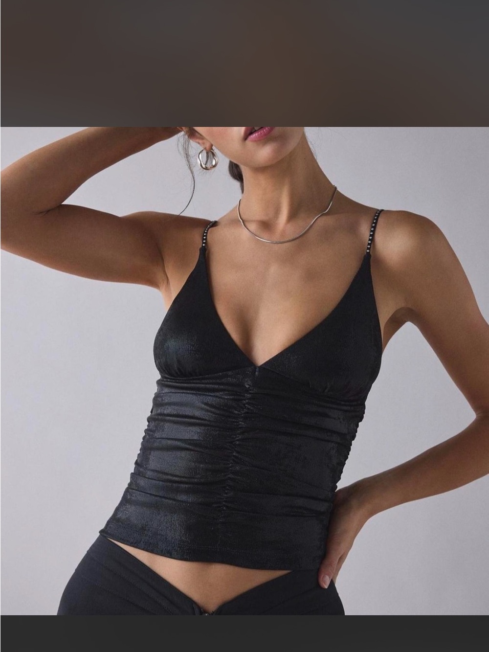 Urban Outfitters Black MetallicRuched Plunging Rhinestone Strap Tank Top